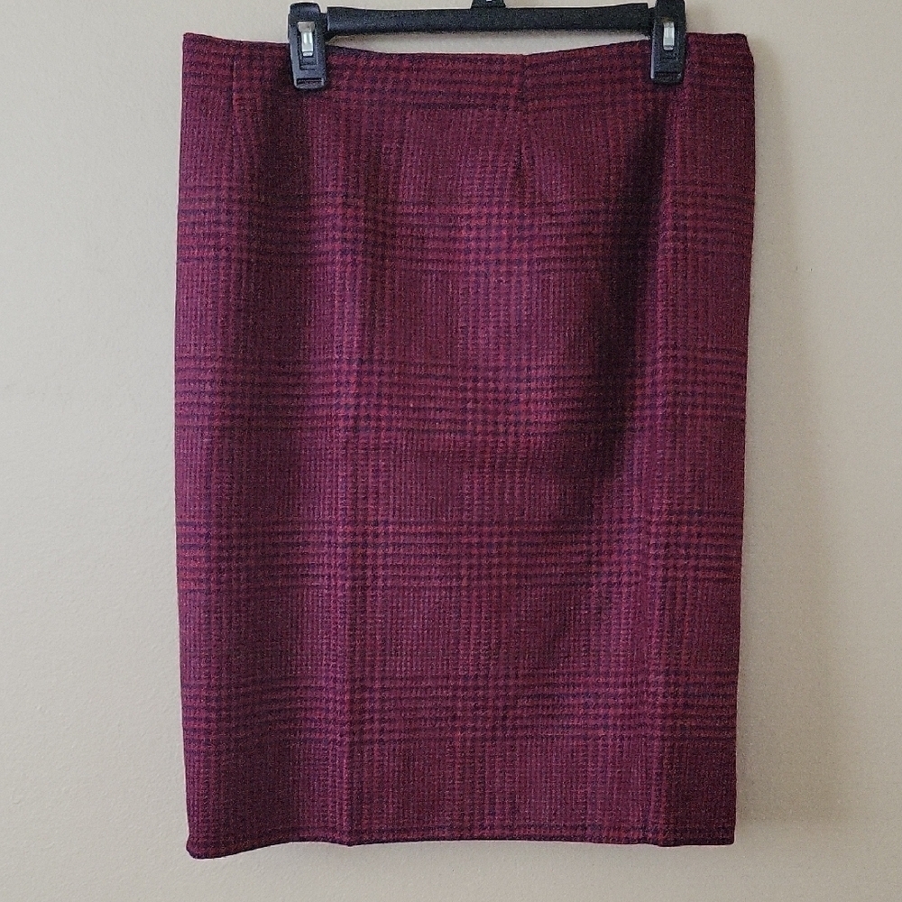 Hobbs London Red Black Houndstooth 100% Wool Midi Pencil Skirt